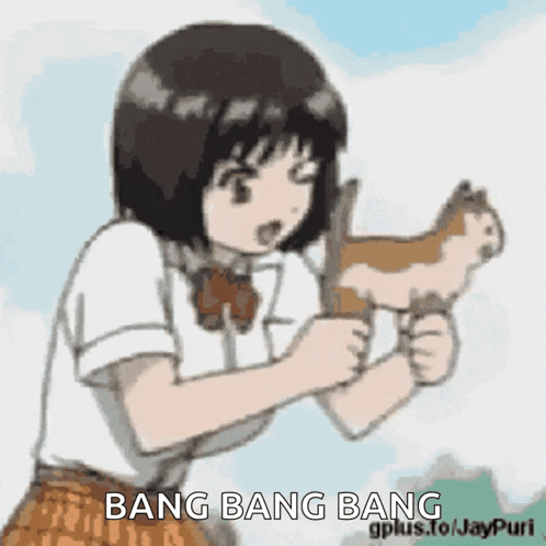 a girl in a school uniform is holding a squirrel in her hands and says bang bang bang .