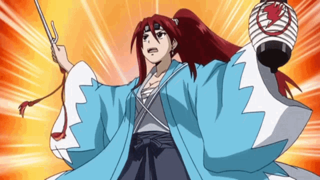 a cartoon character with red hair is holding a sword and a lantern