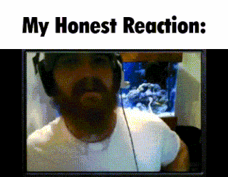 a bearded man wearing headphones and a white shirt with the words my honest reaction below him