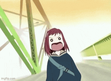a cartoon girl with red hair is standing in front of a bridge with her mouth open .