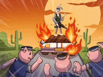a cartoon of a rabbit with a gun standing on top of a police car