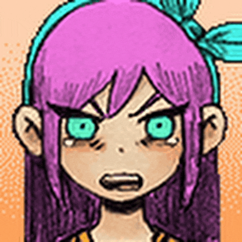 a cartoon girl with purple hair and blue eyes is looking angry .