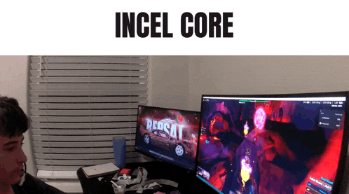 a man sits at a desk playing a video game with the words " incel core " above him
