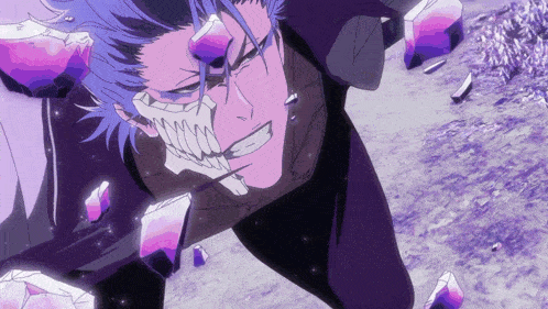 a man with a skull in his mouth is surrounded by purple crystals