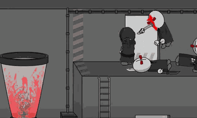 a group of cartoon characters are playing a video game in a room with a trash can filled with blood .