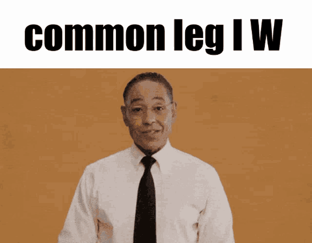 a man in a white shirt and black tie is standing in front of a sign that says common leg i w