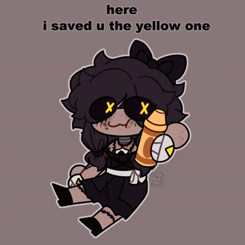 a drawing of a doll with x eyes and the words here i saved u the yellow one on the bottom