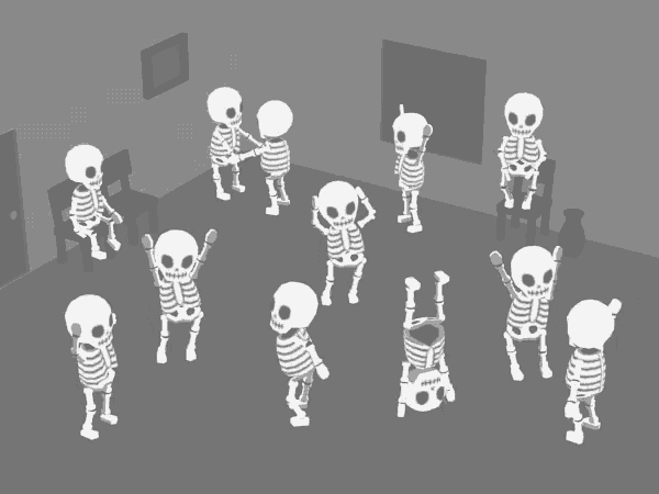 a group of skeletons dancing in a room