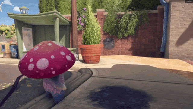 a cartoon mushroom is standing on a sidewalk in front of a bus stop