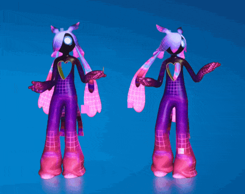 a pink and purple cartoon character with a heart on her chest