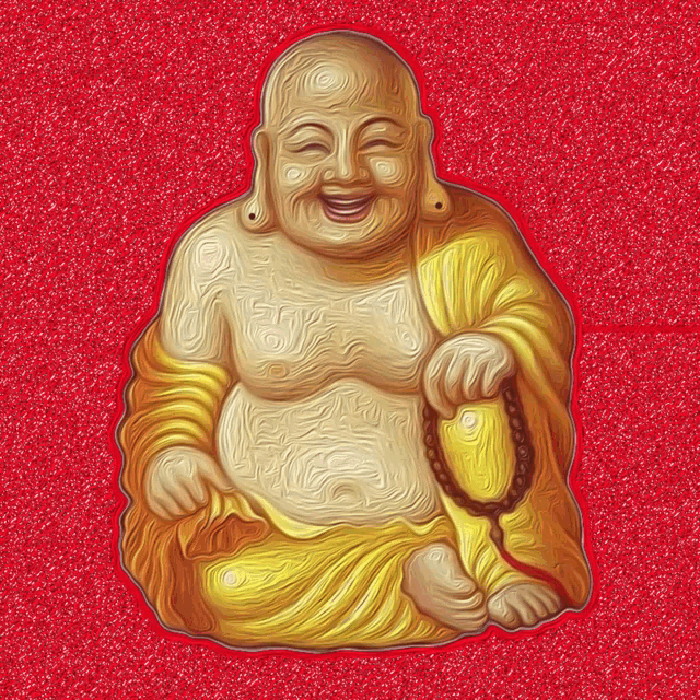 a statue of a laughing buddha with a red background