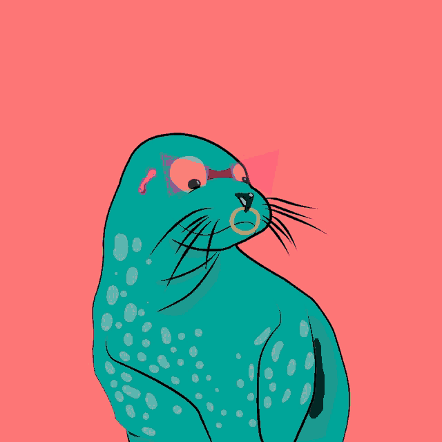 a seal with a pink bow on its head and a yellow ring around its nose