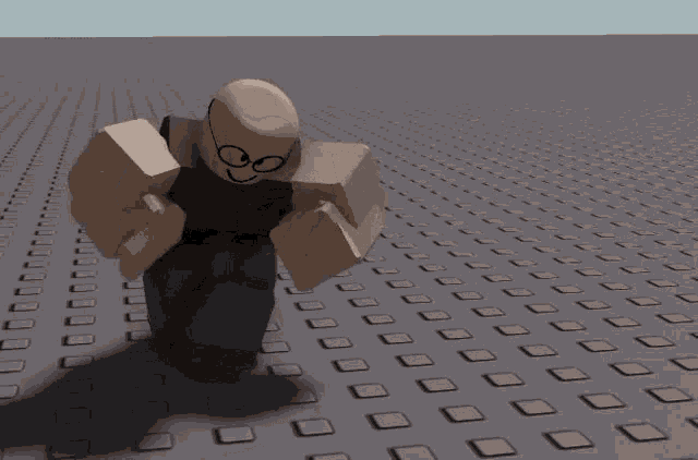 a roblox character wearing glasses is standing on a gray tile floor