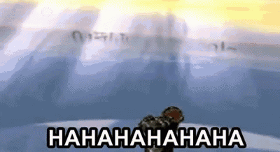a person is laughing in a video game while holding a gun in their hand .