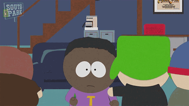 a group of cartoon characters are gathered in a room with a sign that says south park