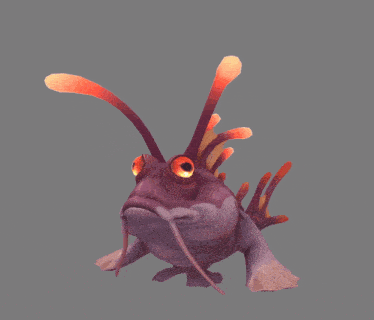 a 3d rendering of a purple and orange fish with orange eyes