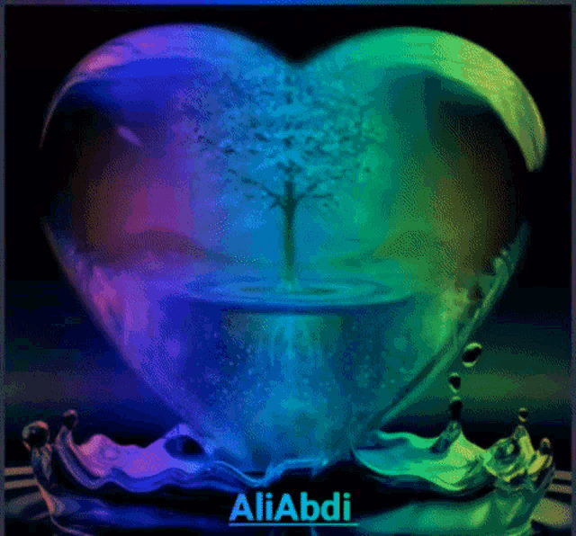 a heart shaped object with a tree inside of it and the name aliabdi on the bottom