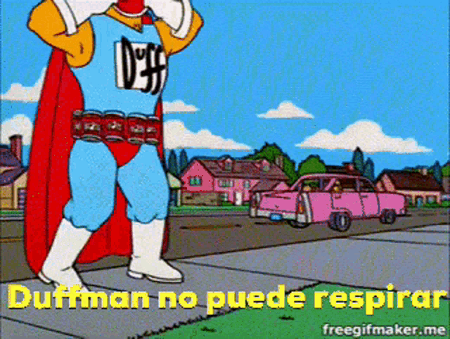 a cartoon of duffman standing on a sidewalk with the words " duffman no puede respirar " below him