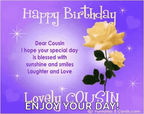 a purple birthday card for a cousin with yellow roses on it