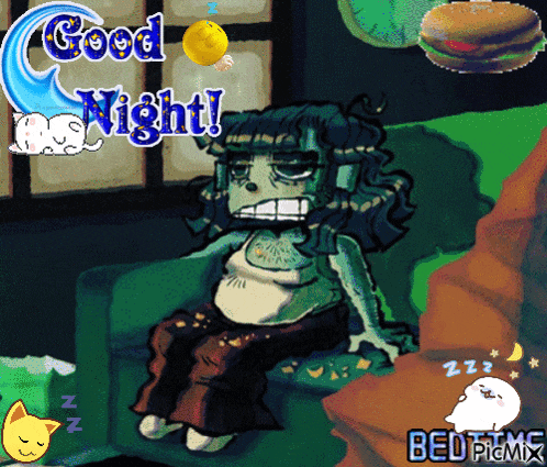 a cartoon of a woman sitting on a couch with the words good night written on it