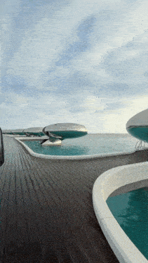 a wooden deck with a swimming pool in the middle