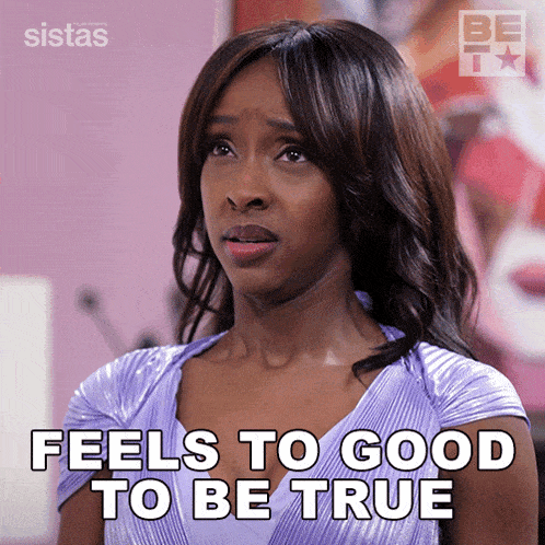 a woman in a purple dress has the words feels to good to be true on her face