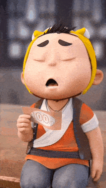 a cartoon character holds a 100 dollar bill in his hand