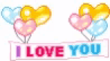 a picture of a sign that says `` i love you '' with balloons in the shape of hearts .