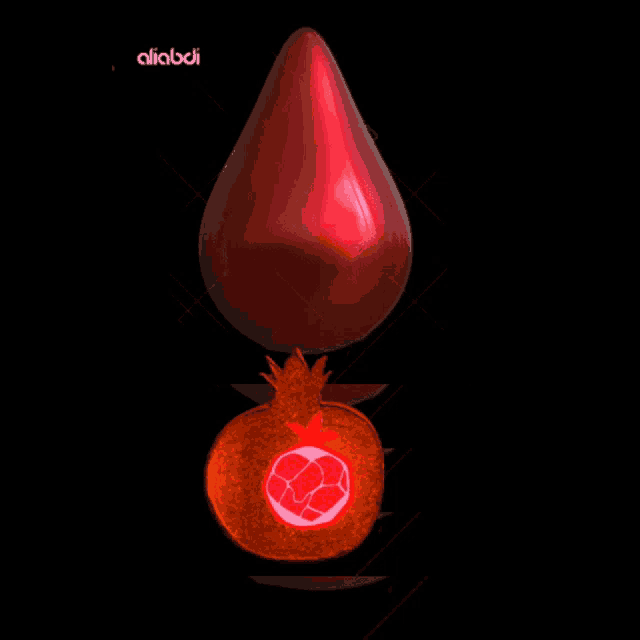 a drawing of a pomegranate and a drop of blood with the word alicabdi on the bottom