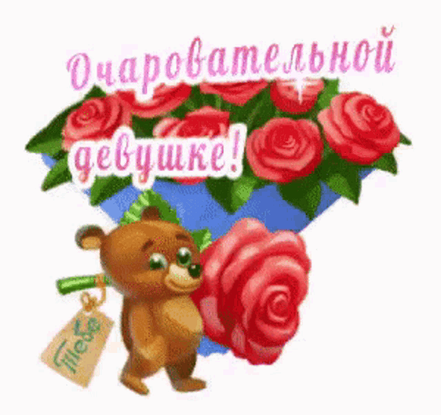 a teddy bear is holding a rose in front of a bouquet of red roses .