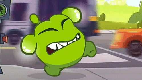 a green cartoon character is running down a street with a red car in the background