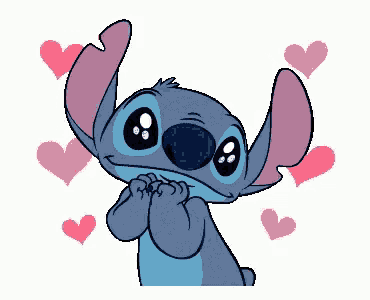 stitch is surrounded by pink hearts on a white background .