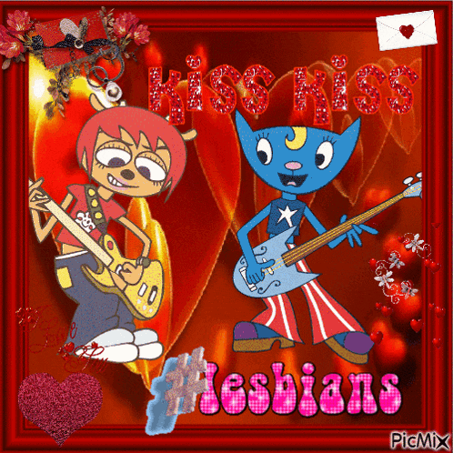 a picture of a girl playing a guitar and a cat playing a bass says kiss kiss lesbians