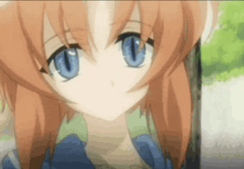 a close up of a girl with orange hair and blue eyes .