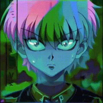 a close up of a cartoon character 's face with a rainbow of colors