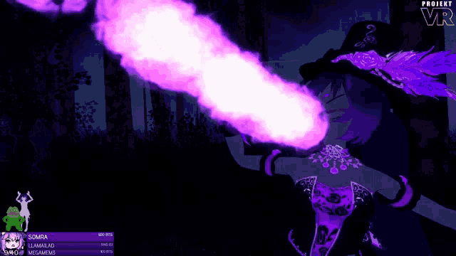 a video game screen shows a witch casting a spell and the words projekt vr on the bottom right