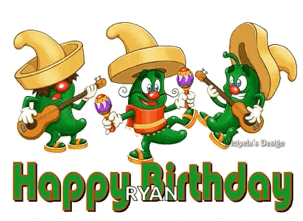 a happy birthday greeting card with three cartoon characters playing guitars and maracas