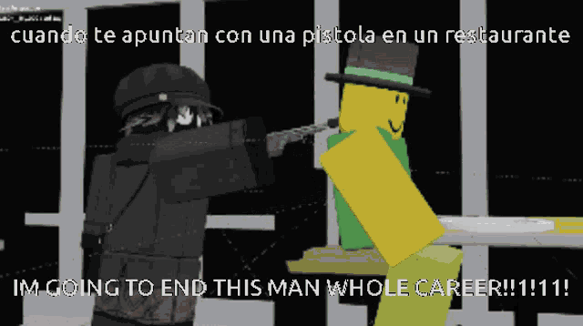 a man in a top hat is pointing a gun at another man in a black jacket