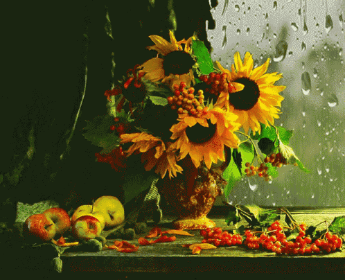 a painting of sunflowers and berries in front of a window