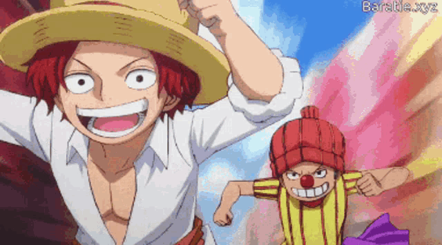 a cartoon of a man in a straw hat and a clown with the words baratie.xyz below
