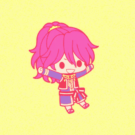 a cartoon drawing of a girl with pink hair and red eyes .