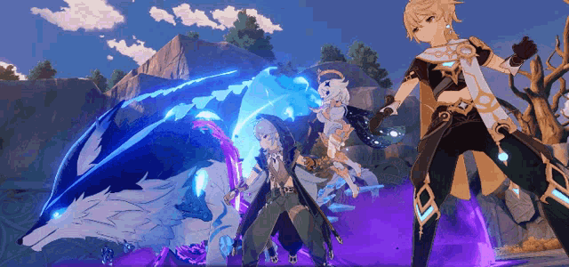 a group of anime characters are standing in front of a blue and purple monster