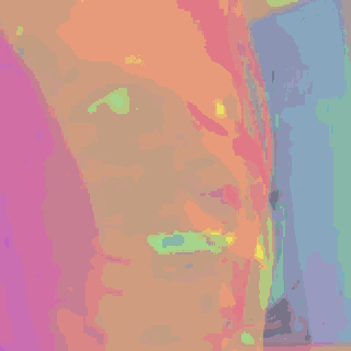 a painting of a woman 's face with a purple and orange background