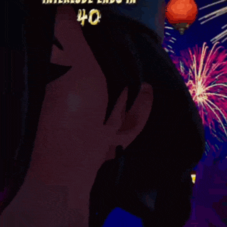 a cartoon drawing of a woman with fireworks in the background