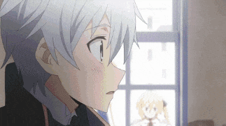 a boy with white hair is standing in front of a window with a girl behind him .