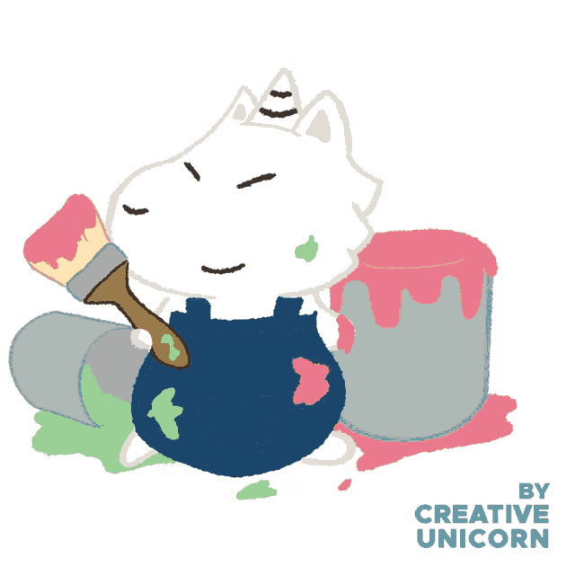 a cartoon of a unicorn holding a paint brush with the words " he he he " on the bottom
