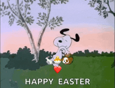 snoopy is holding a basket of easter eggs and a chicken in a field .