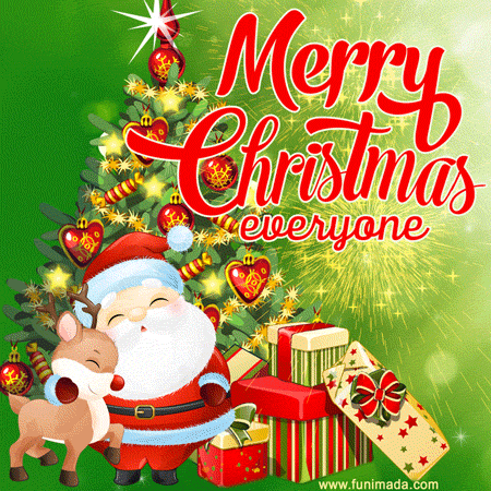 a merry christmas everyone card with santa and reindeer