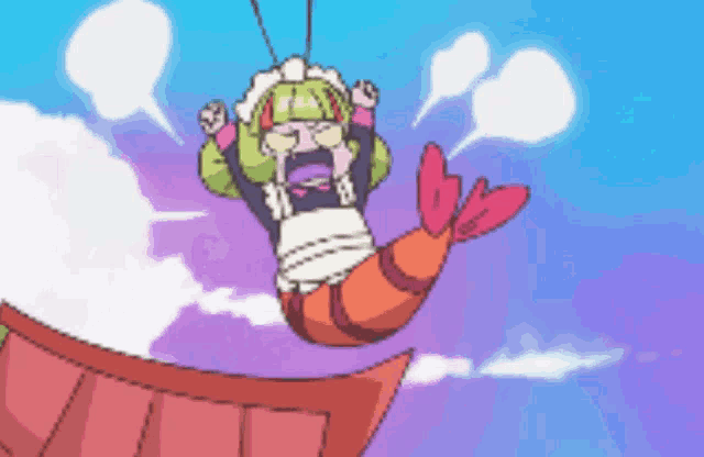 a cartoon drawing of a girl flying through the air with a shrimp tail