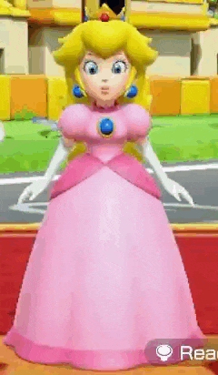 princess peach is wearing a pink dress and gloves